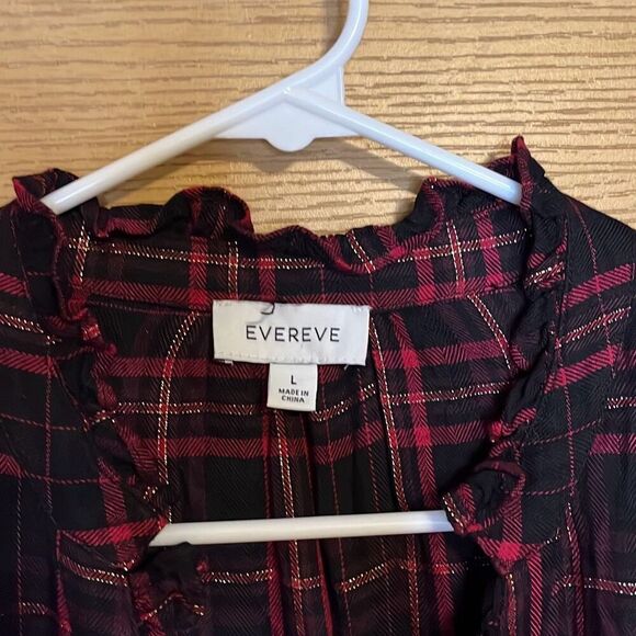 Evereve Charlotte Red Black Gold Ruffle Button Down Large - Picture 3 of 7